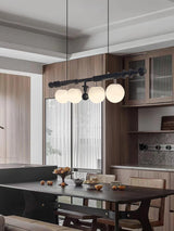 Elegant Roman Column Crown Chandelier in Walnut Wood and White Glass for Dining Room
