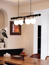 Elegant Roman Column Crown Chandelier in Walnut Wood and White Glass for Dining Room