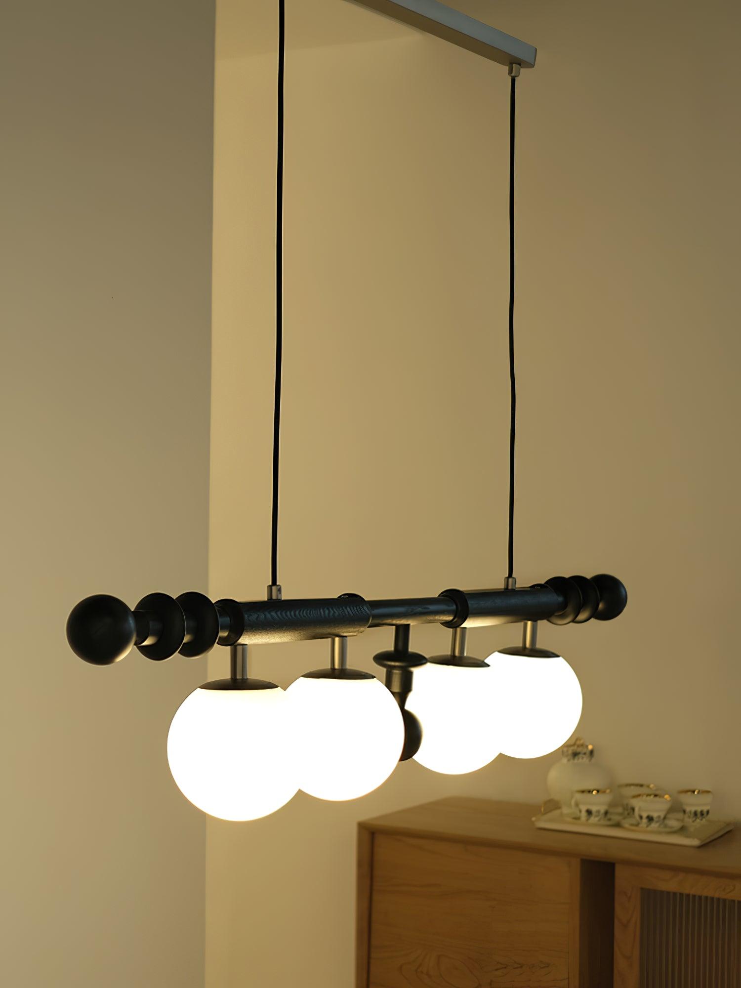 Elegant Roman Column Crown Chandelier in Walnut Wood and White Glass for Dining Room