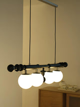 Elegant Roman Column Crown Chandelier in Walnut Wood and White Glass for Dining Room