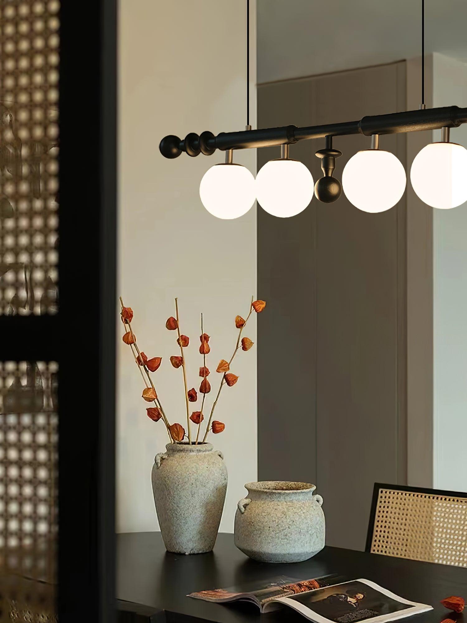 Elegant Roman Column Crown Chandelier in Walnut Wood and White Glass for Dining Room