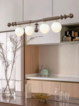 Elegant Roman Column Crown Chandelier in Walnut Wood and White Glass for Dining Room