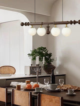 Elegant Roman Column Crown Chandelier in Walnut Wood and White Glass for Dining Room