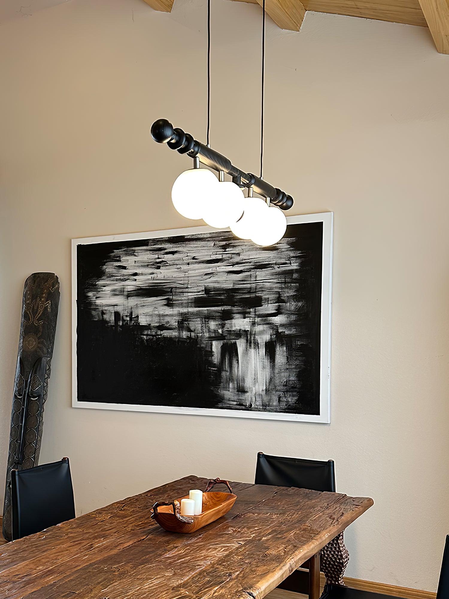Elegant Roman Column Crown Chandelier in Walnut Wood and White Glass for Dining Room
