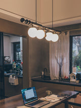 Elegant Roman Column Crown Chandelier in Walnut Wood and White Glass for Dining Room