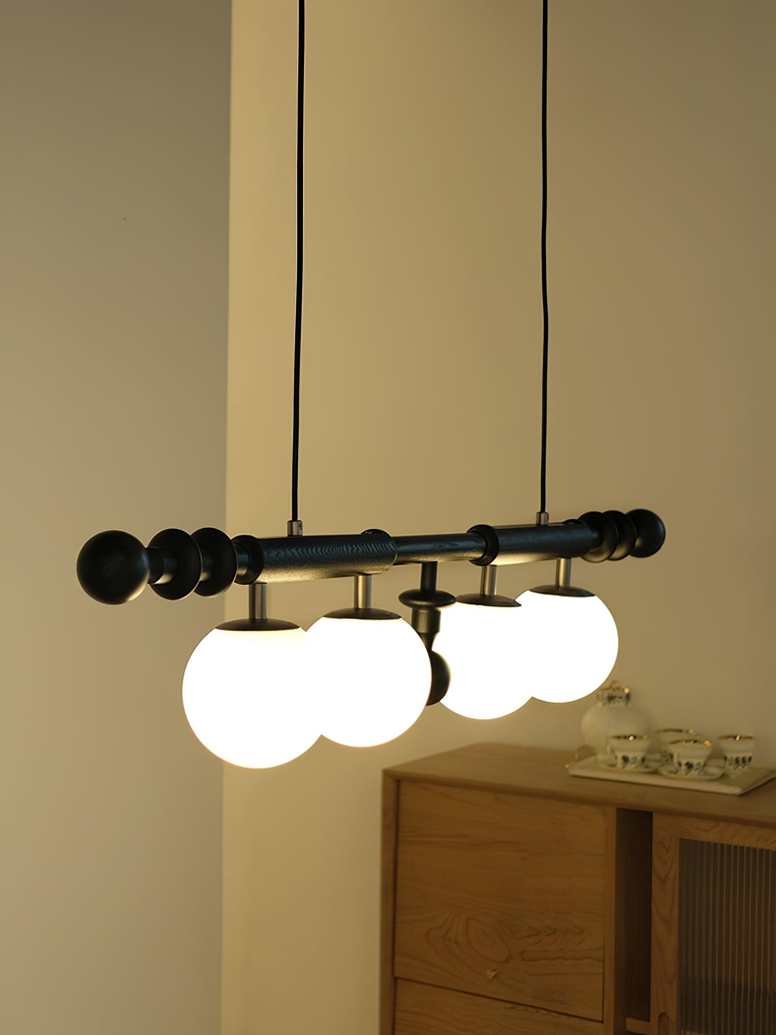 Elegant Roman Column Crown Chandelier in Walnut Wood and White Glass for Dining Room
