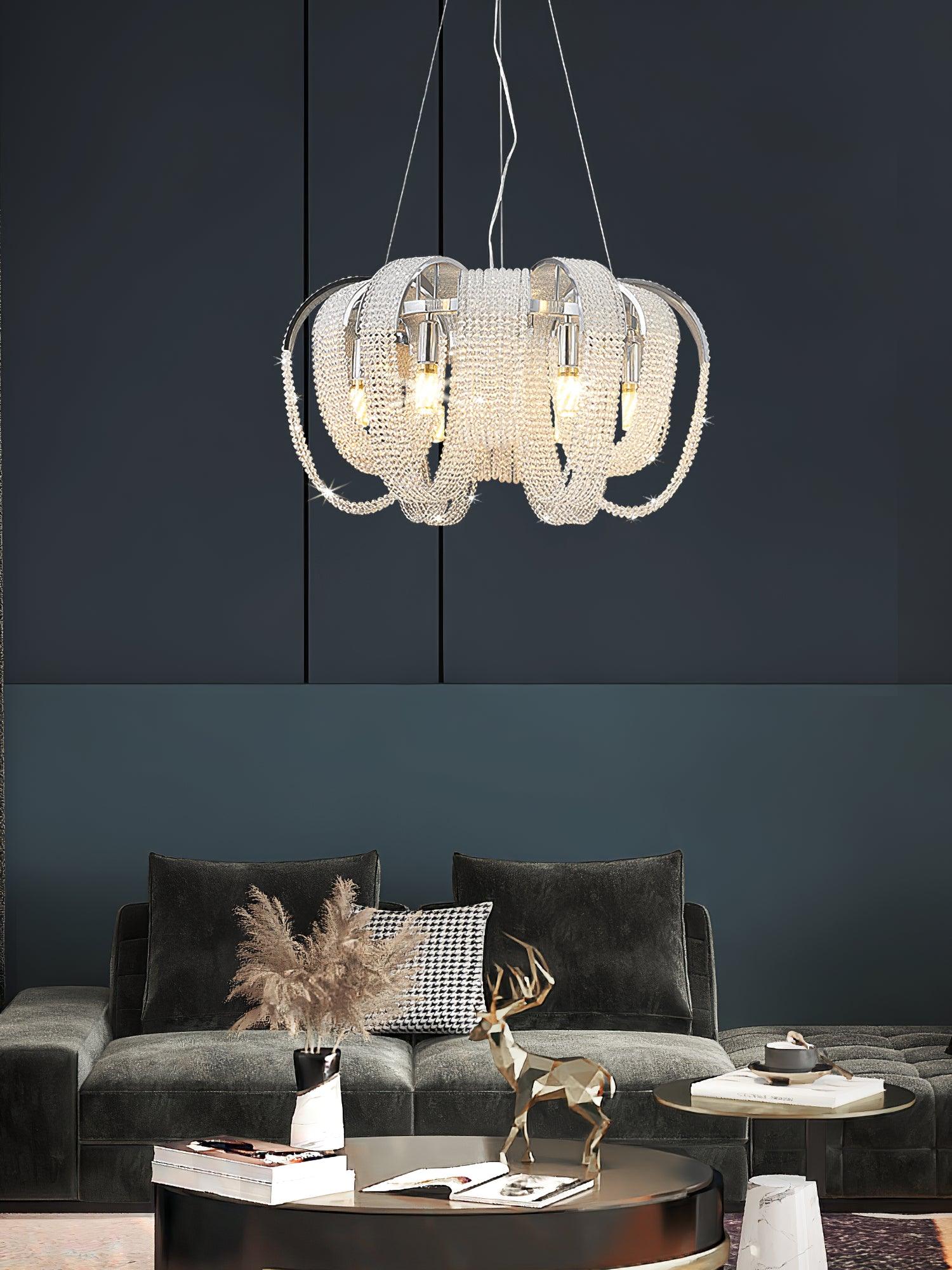Elegant Rose Gold Mesh Crystal Chandelier Round Cascading Tiered Pendant Lighting