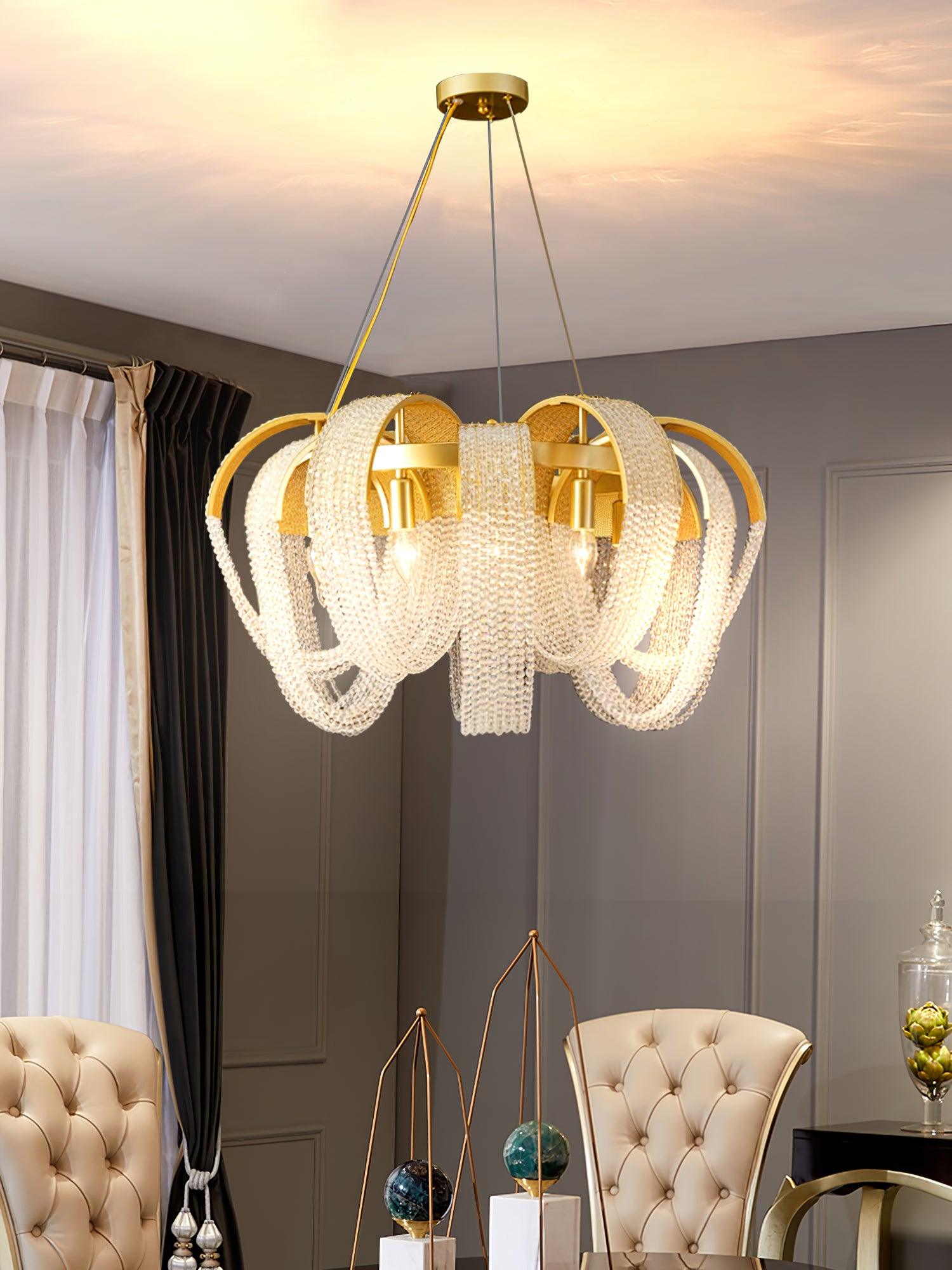 Elegant Rose Gold Mesh Crystal Chandelier Round Cascading Tiered Pendant Lighting