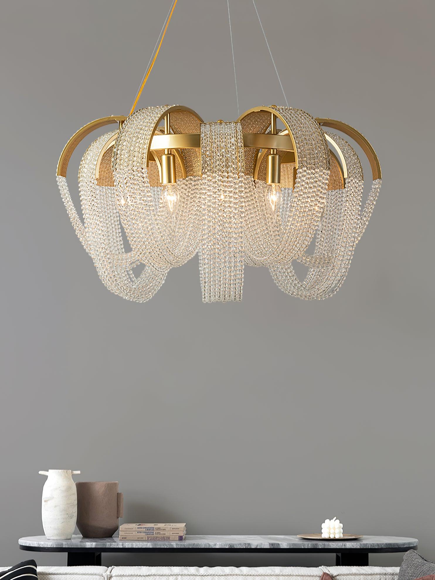Elegant Rose Gold Mesh Crystal Chandelier Round Cascading Tiered Pendant Lighting