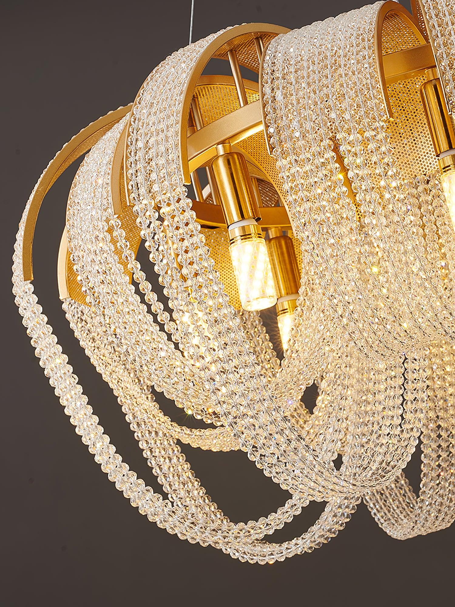 Elegant Rose Gold Mesh Crystal Chandelier Round Cascading Tiered Pendant Lighting