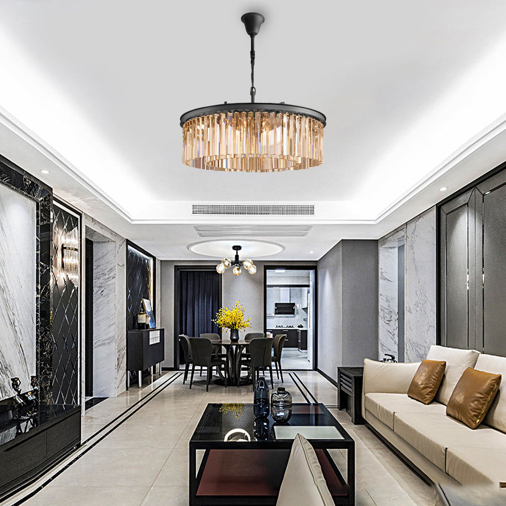 Elegant Round Metal Crystal Strip Pendant Light American Style Hanging Chandelier