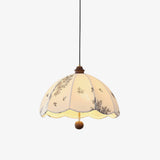Elegant Scalloped Petal Fabric Pendant Light with Walnut Wood Accents and Soft Diffused Glow