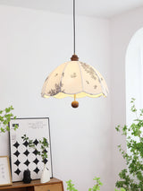 Elegant Scalloped Petal Fabric Pendant Light with Walnut Wood Accents and Soft Diffused Glow
