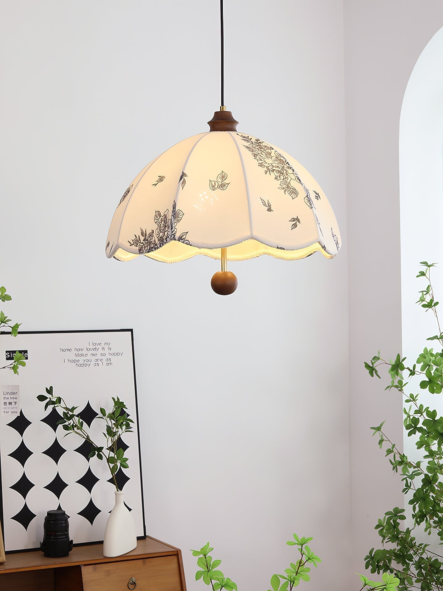 Elegant Scalloped Petal Fabric Pendant Light with Walnut Wood Accents and Soft Diffused Glow