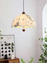Elegant Scalloped Petal Fabric Pendant Light with Walnut Wood Accents and Soft Diffused Glow