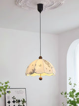 Elegant Scalloped Petal Fabric Pendant Light with Walnut Wood Accents and Soft Diffused Glow