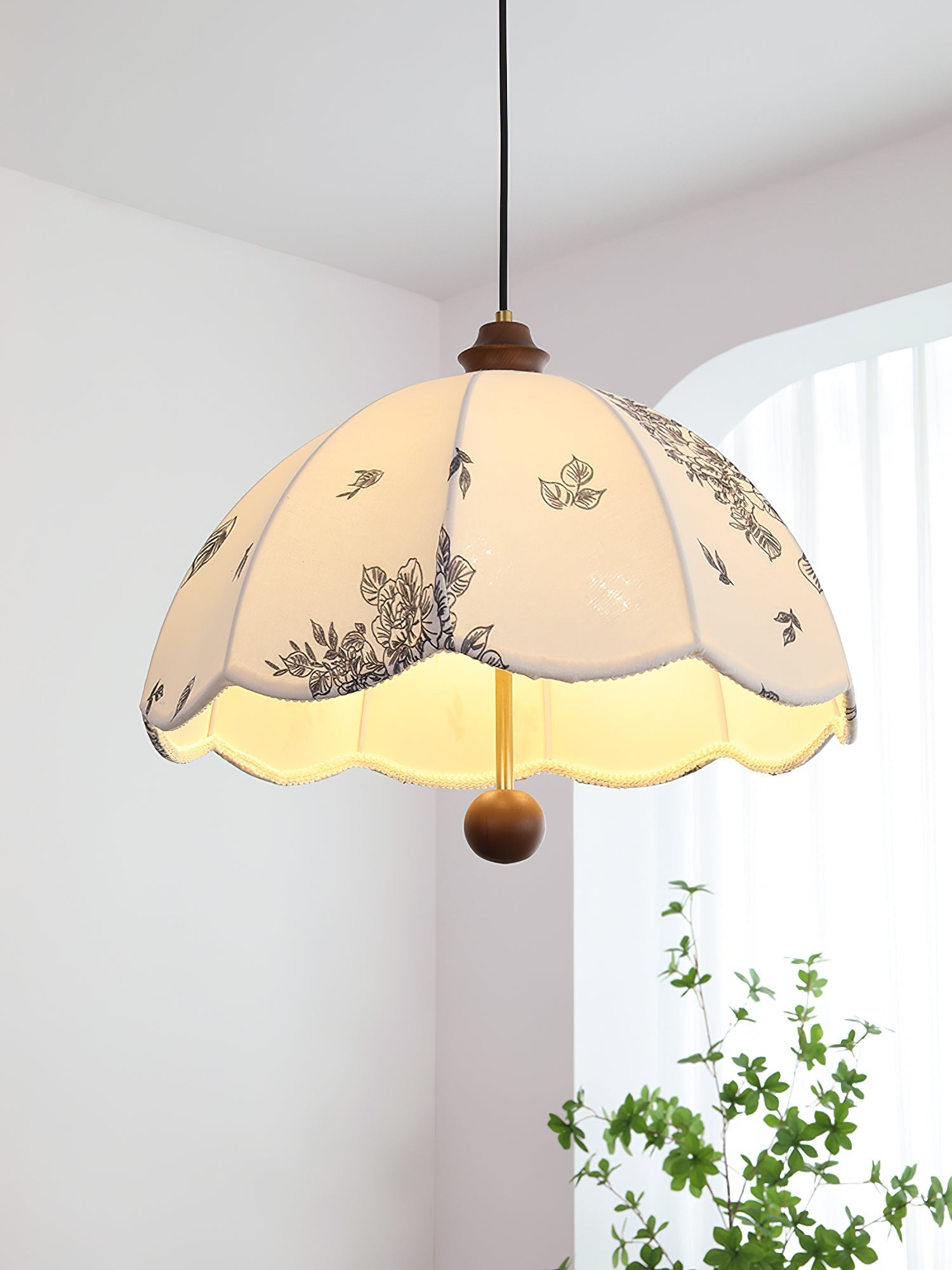 Elegant Scalloped Petal Fabric Pendant Light with Walnut Wood Accents and Soft Diffused Glow