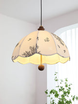 Elegant Scalloped Petal Fabric Pendant Light with Walnut Wood Accents and Soft Diffused Glow