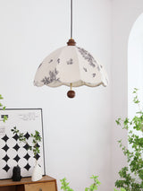 Elegant Scalloped Petal Fabric Pendant Light with Walnut Wood Accents and Soft Diffused Glow