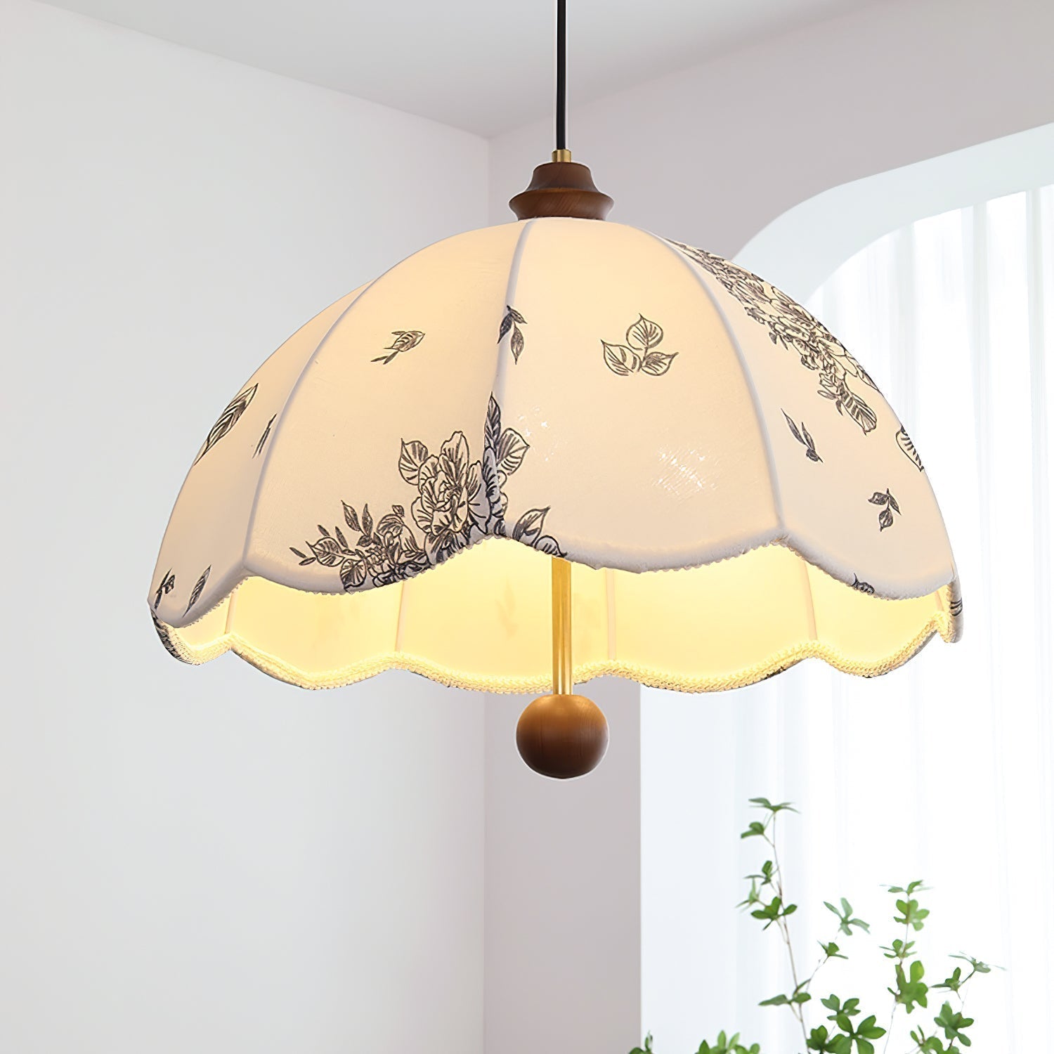 Elegant Scalloped Petal Fabric Pendant Light with Walnut Wood Accents and Soft Diffused Glow