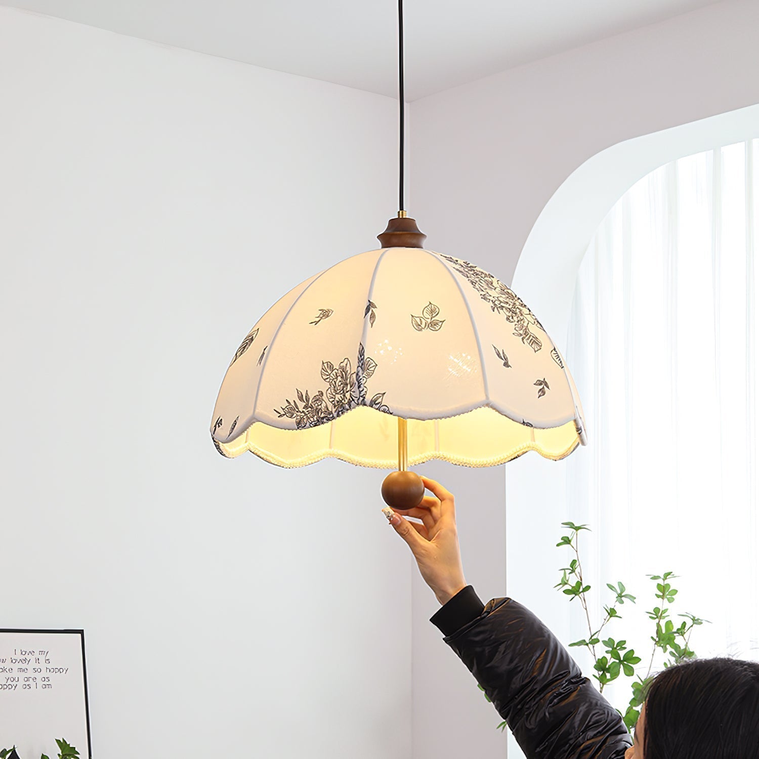 Elegant Scalloped Petal Fabric Pendant Light with Walnut Wood Accents and Soft Diffused Glow