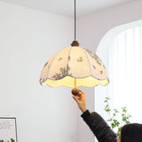 Elegant Scalloped Petal Fabric Pendant Light with Walnut Wood Accents and Soft Diffused Glow