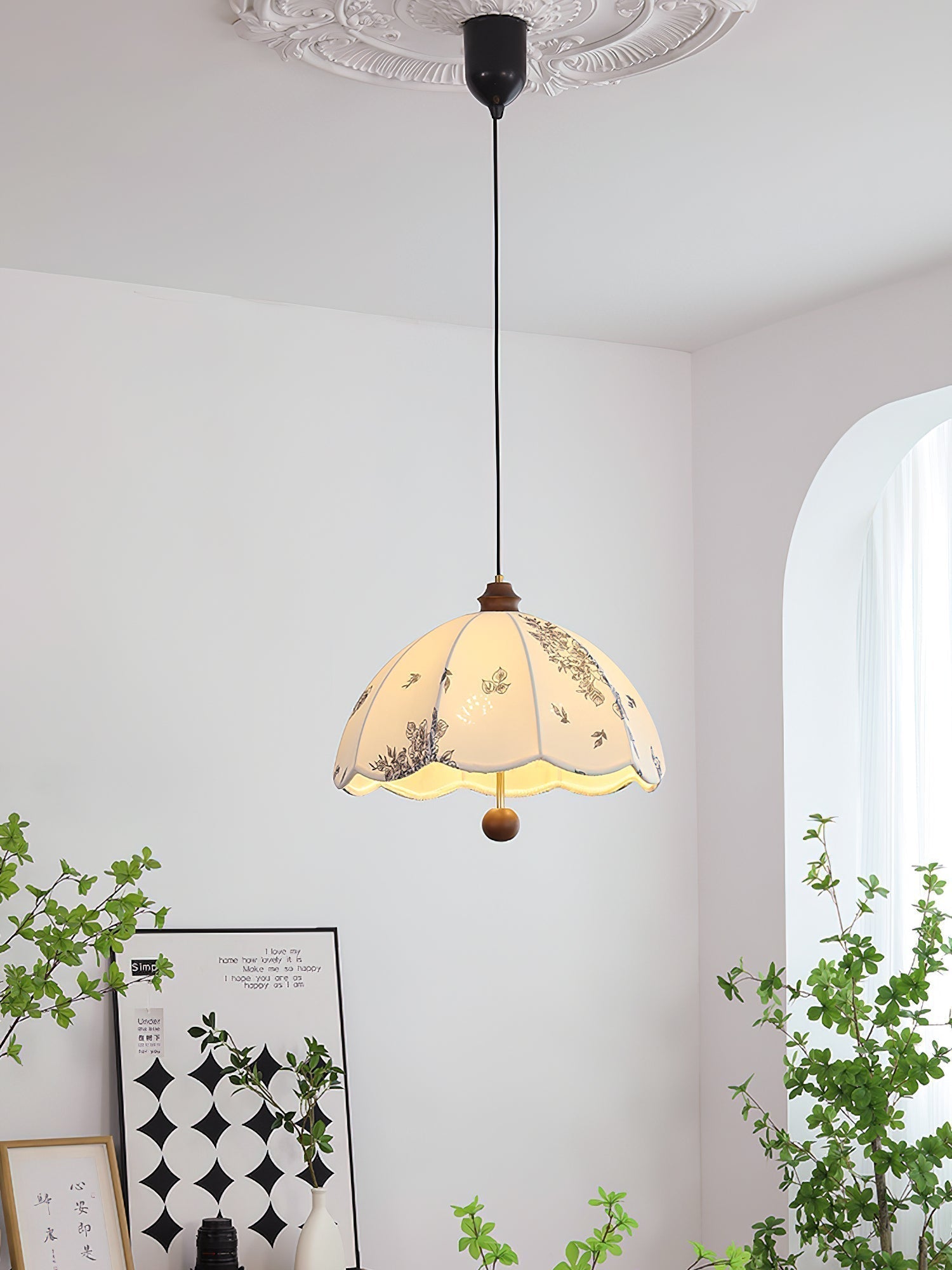 Elegant Scalloped Petal Fabric Pendant Light with Walnut Wood Accents and Soft Diffused Glow