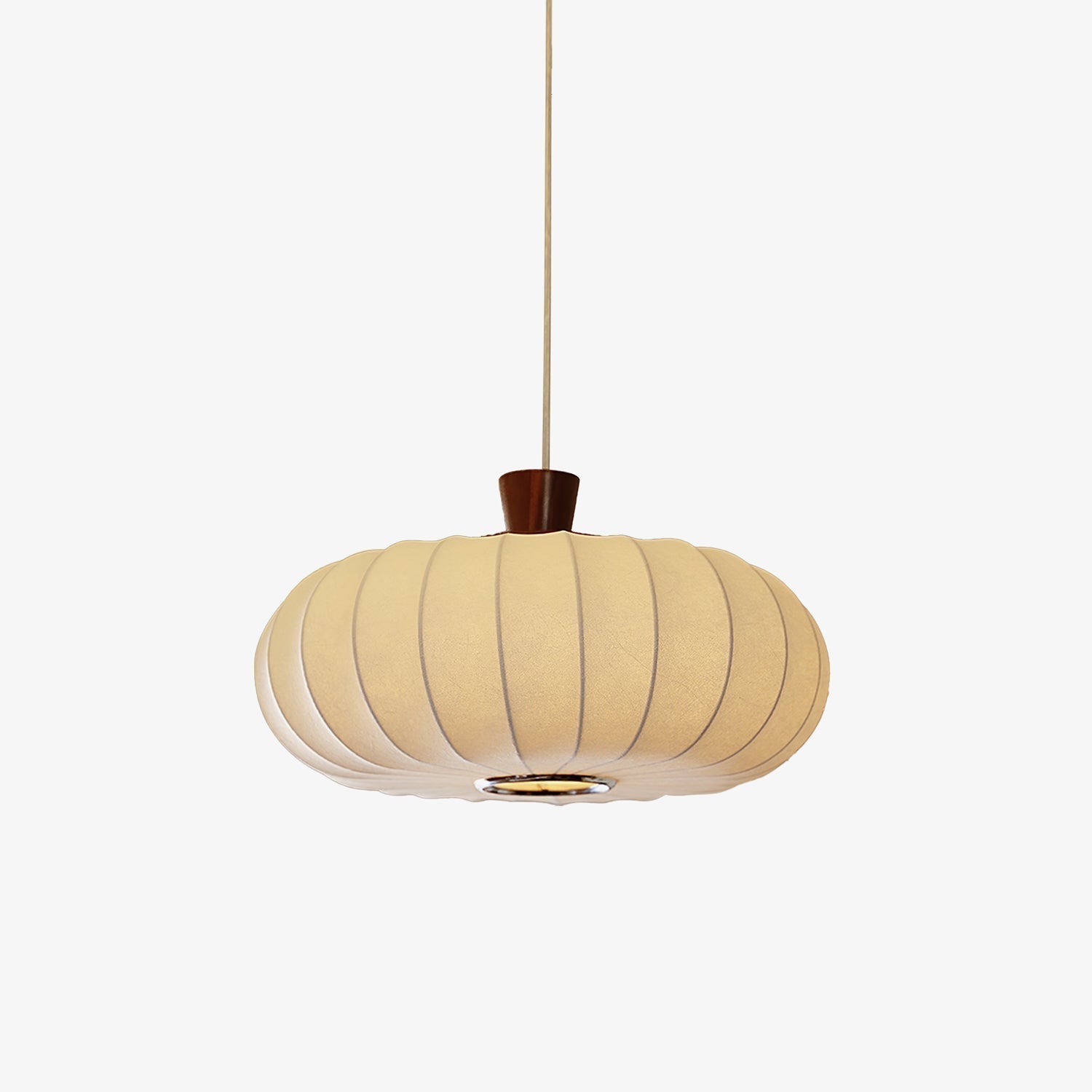 Elegant Silk Lantern Pendant Light with Walnut Wood Accents and White Fabric Shade