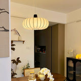Elegant Silk Lantern Pendant Light with Walnut Wood Accents and White Fabric Shade
