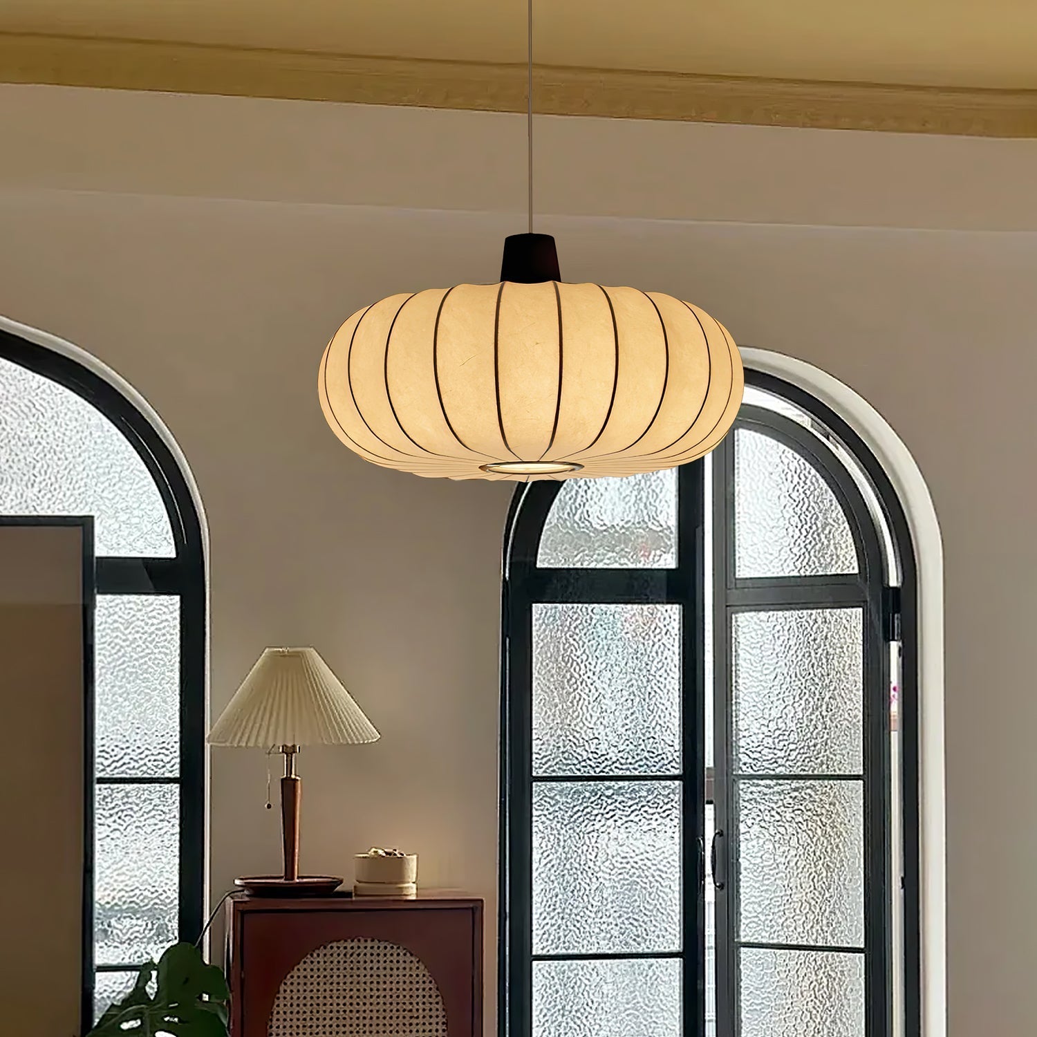 Elegant Silk Lantern Pendant Light with Walnut Wood Accents and White Fabric Shade