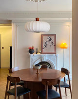 Elegant Silk Lantern Pendant Light with Walnut Wood Accents and White Fabric Shade