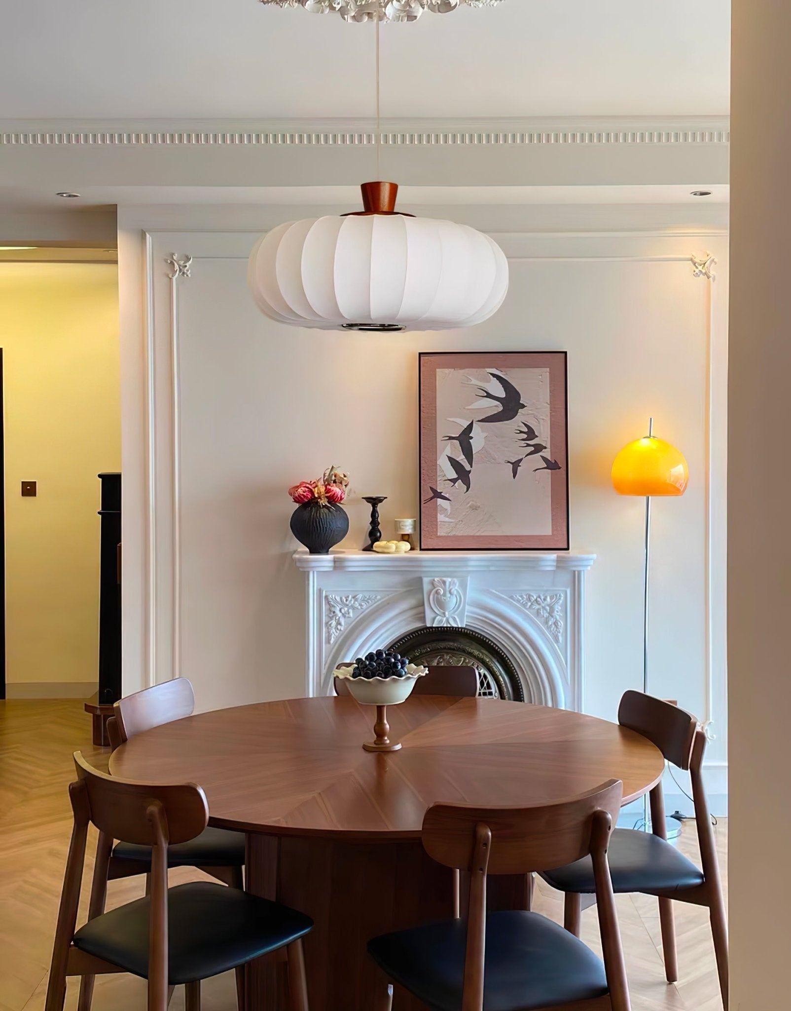 Elegant Silk Lantern Pendant Light with Walnut Wood Accents and White Fabric Shade