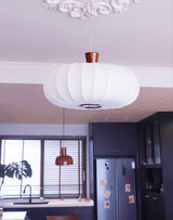 Elegant Silk Lantern Pendant Light with Walnut Wood Accents and White Fabric Shade