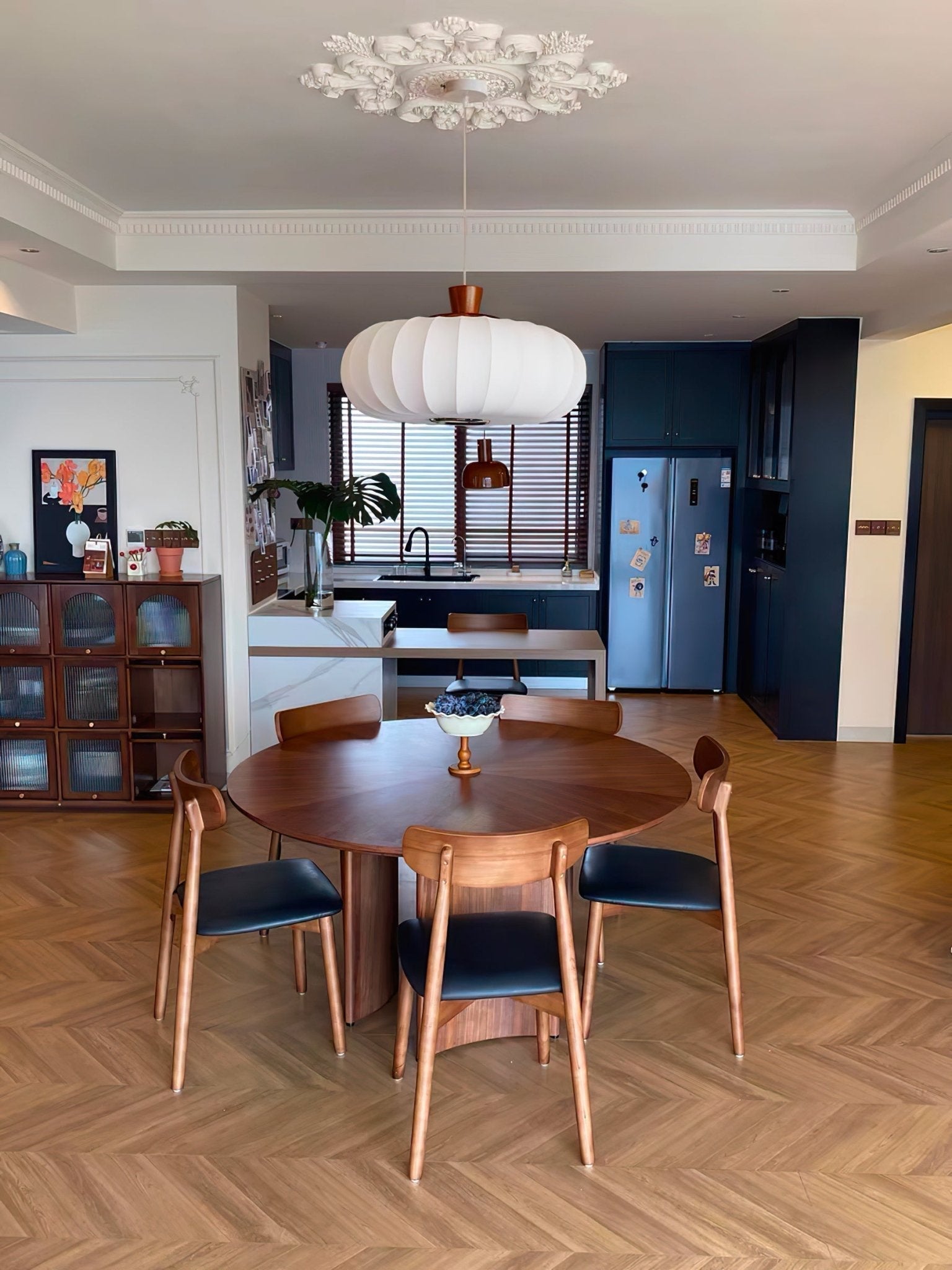 Elegant Silk Lantern Pendant Light with Walnut Wood Accents and White Fabric Shade