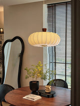 Elegant Silk Lantern Pendant Light with Walnut Wood Accents and White Fabric Shade