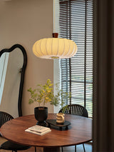 Elegant Silk Lantern Pendant Light with Walnut Wood Accents and White Fabric Shade