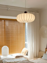 Elegant Silk Lantern Pendant Light with Walnut Wood Accents and White Fabric Shade