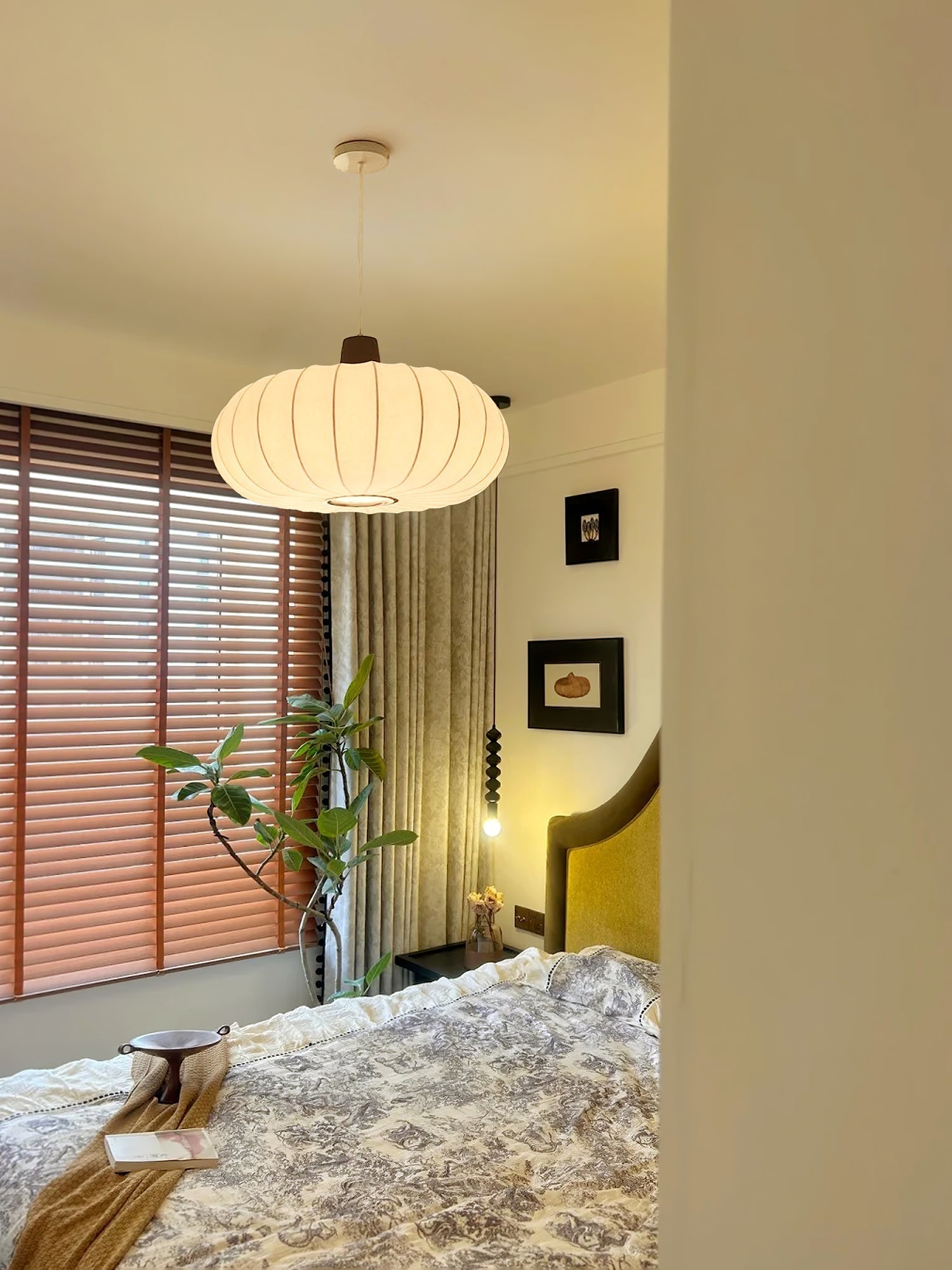 Elegant Silk Lantern Pendant Light with Walnut Wood Accents and White Fabric Shade