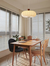 Elegant Silk Lantern Pendant Light with Walnut Wood Accents and White Fabric Shade