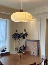 Elegant Silk Lantern Pendant Light with Walnut Wood Accents and White Fabric Shade