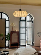 Elegant Silk Lantern Pendant Light with Walnut Wood Accents and White Fabric Shade