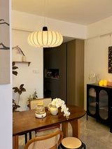 Elegant Silk Lantern Pendant Light with Walnut Wood Accents and White Fabric Shade