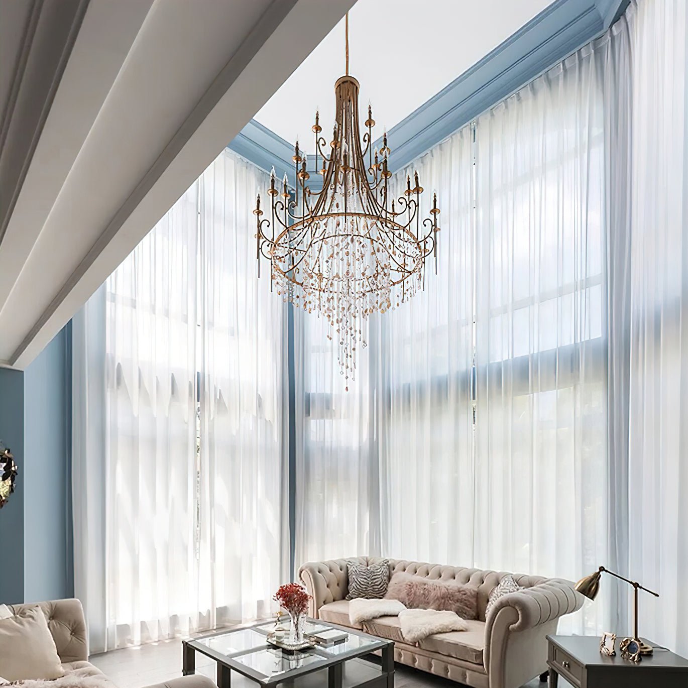 Elegant Tiered Shell Crystal Chandelier Copper Finish Multi Head Ceiling Light