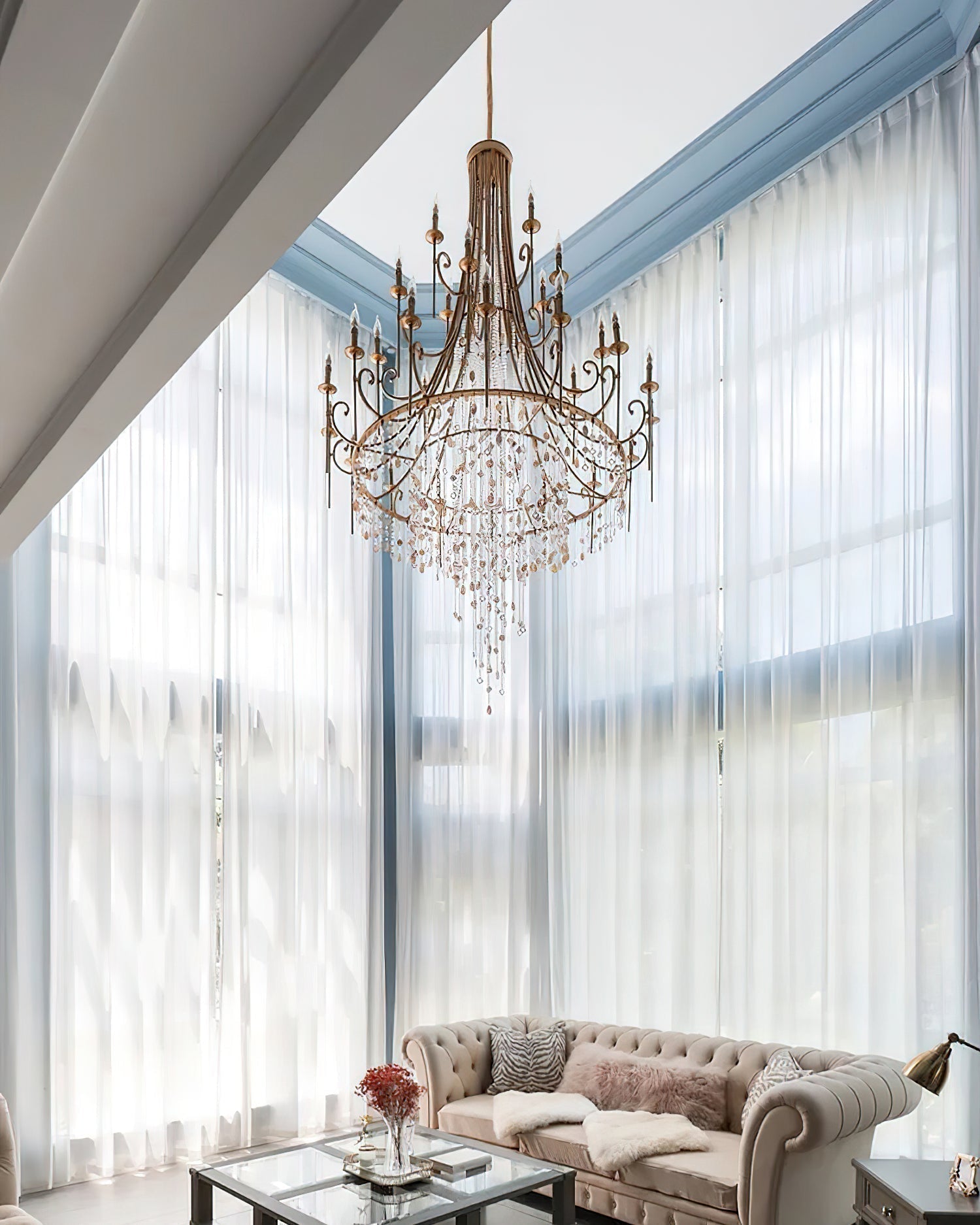 Elegant Tiered Shell Crystal Chandelier Copper Finish Multi Head Ceiling Light