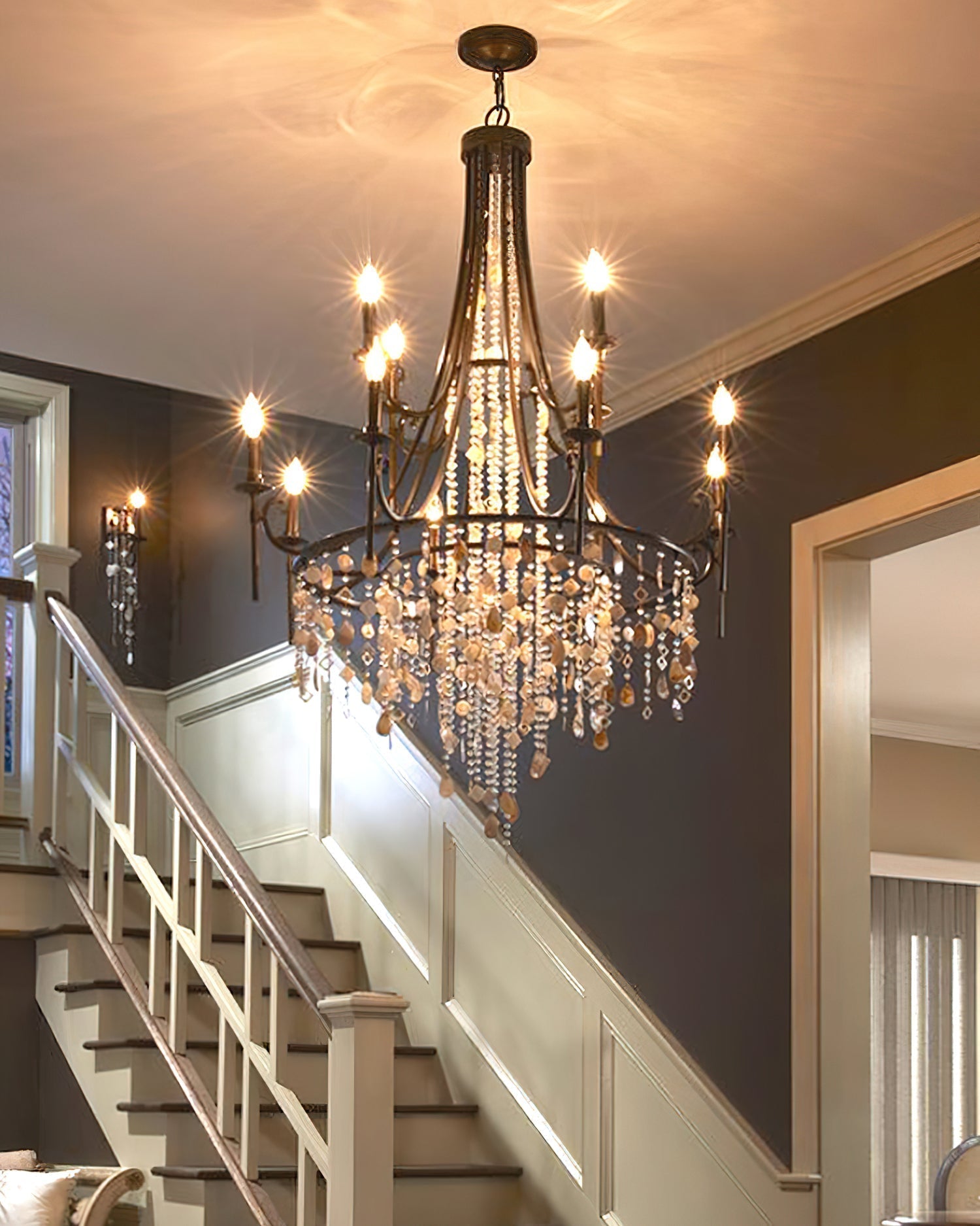 Elegant Tiered Shell Crystal Chandelier Copper Finish Multi Head Ceiling Light