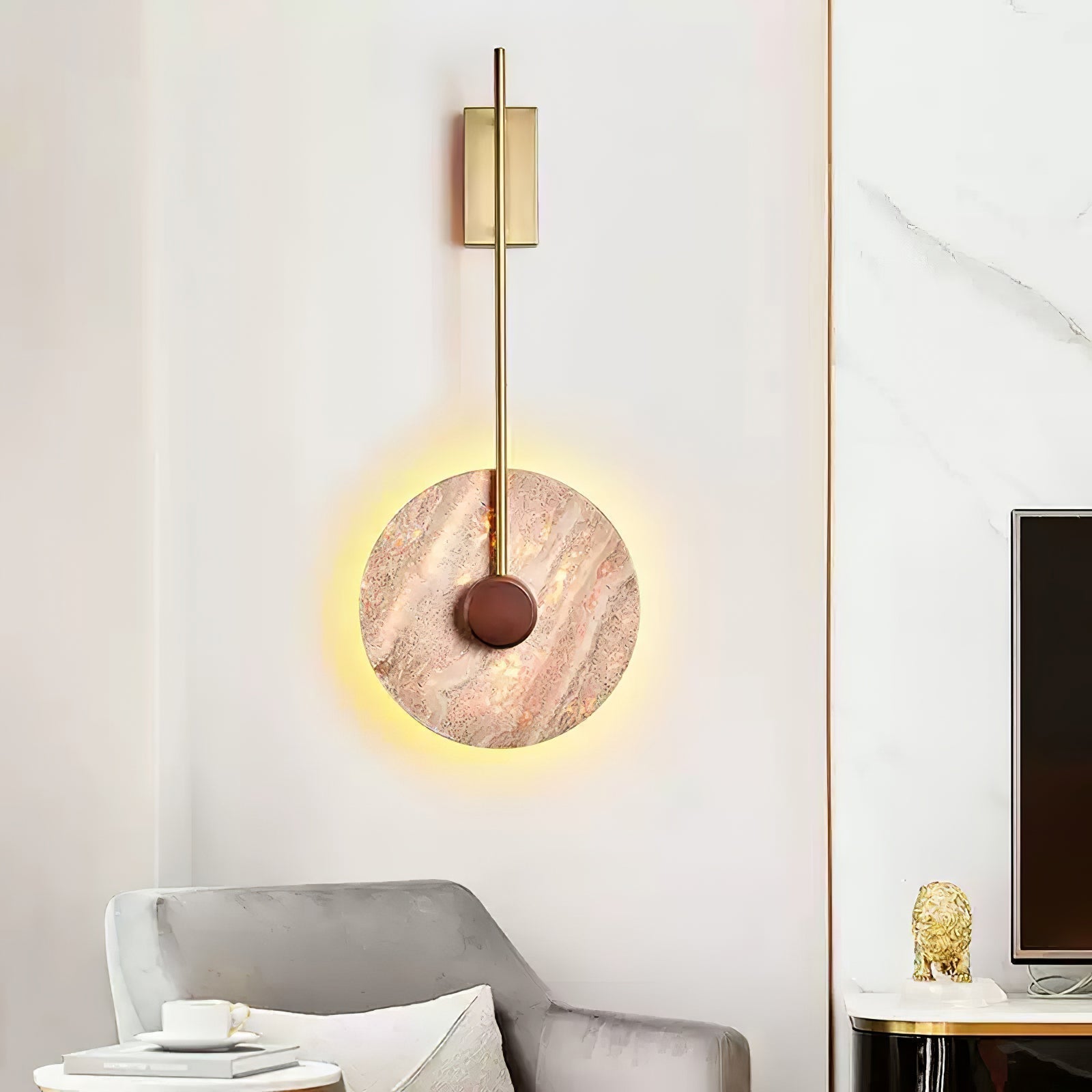 Elegant Travertine Disc LED Wall Light Natural Stone Sconce for Modern Interior