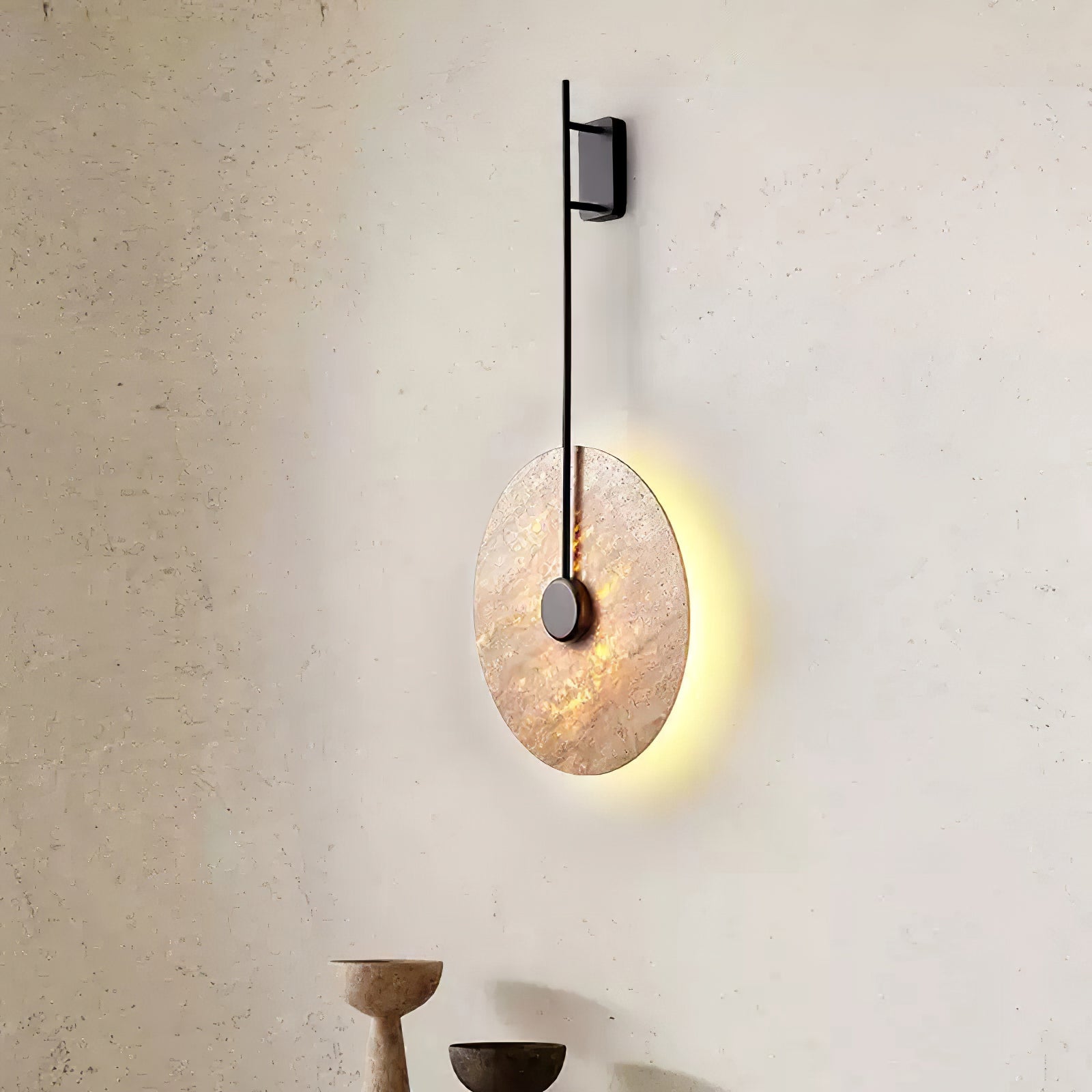 Elegant Travertine Disc LED Wall Light Natural Stone Sconce for Modern Interior