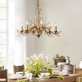 Elegant Vintage Brass Branch Candle Chandelier with Crystal Accents 6 or 9 Light Gold Ceiling Fixture