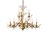 Elegant Vintage Brass Branch Candle Chandelier with Crystal Accents 6 or 9 Light Gold Ceiling Fixture