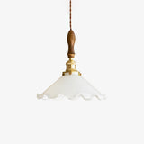 Elegant Walnut and Brass Flower Petal Pendant Light with White Glass Shade for Modern Living Spaces